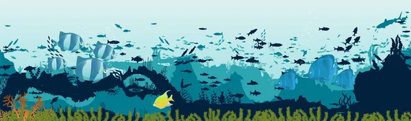 Peces y algas en el fondo de los arrecifes. Escena submarina . — Vector de stock