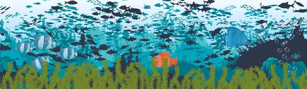 Peces y algas en el fondo de los arrecifes. Escena submarina . — Vector de stock