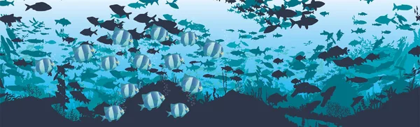 Resiflerin arka planında balık ve algler var. Su altı okyanus manzarası. — Stok Vektör
