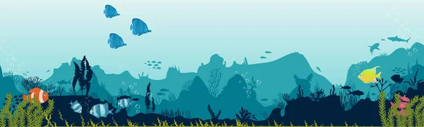 Silhouette of fish and algae on a reef background. — 스톡 벡터