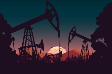   Petrol şirketi kavramı. Gün doğumu teknolojinin siluetini yansıtır..