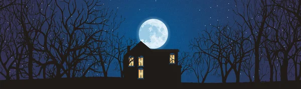 Eenzaam Gebouw Bos Nachts Onder Het Maanlicht Panorama — Stockfoto