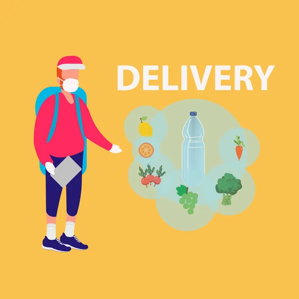 Safe food delivery online. A young courier delivers a grocery order to a customers house with a mask and gloves during a coronavirus pandemic.