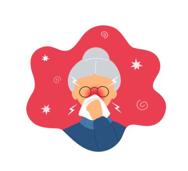 Old woman with rhinitis blowing nose into napkin