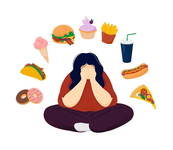 Mujer gorda deprimida rodeada de productos de comida rápida — Archivo Imágenes Vectoriales