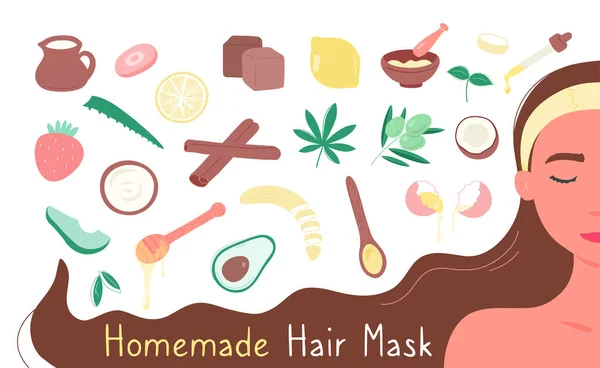 Mujer con productos para hacer máscaras caseras para el cabello — Vector de stock