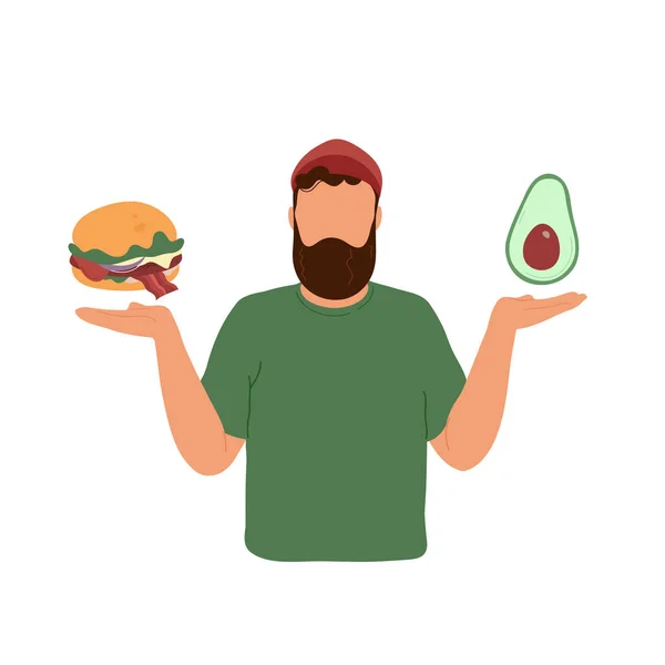 Young man choosing between burger and avocado — 스톡 벡터