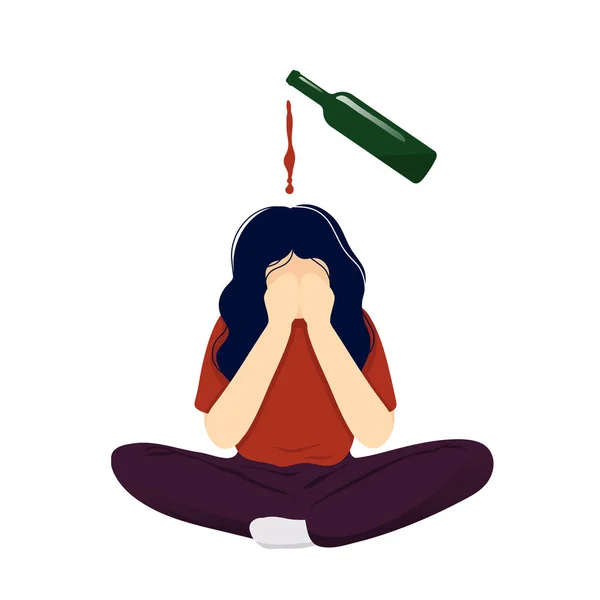 Depressed woman with wine pouring over head — 스톡 벡터