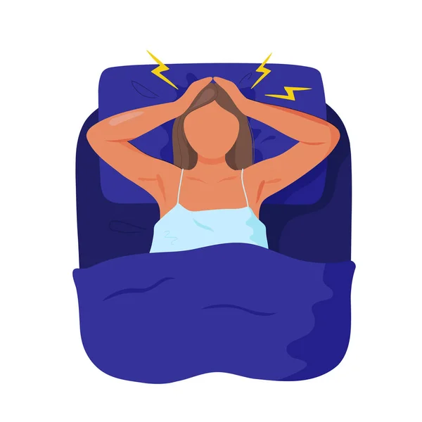 Kobieta leżąca w łóżku i cierpiąca na bezsenność — Wektor stockowy
