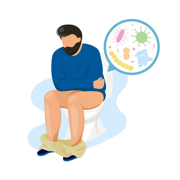 El hombre se sienta en el inodoro con la imagen de microorganismos — Archivo Imágenes Vectoriales