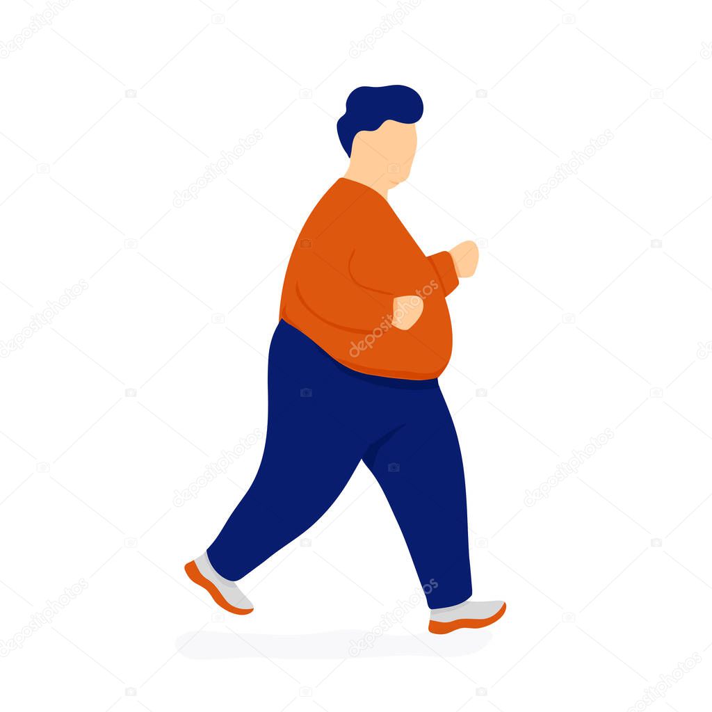 Fat young man jogging in street