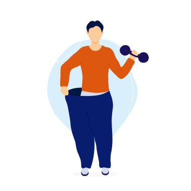 Man in oversized pants with dumbbells