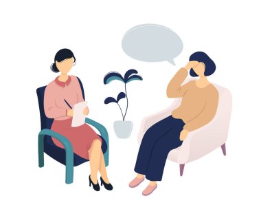 Woman talking to her psychologist taking notes clipart