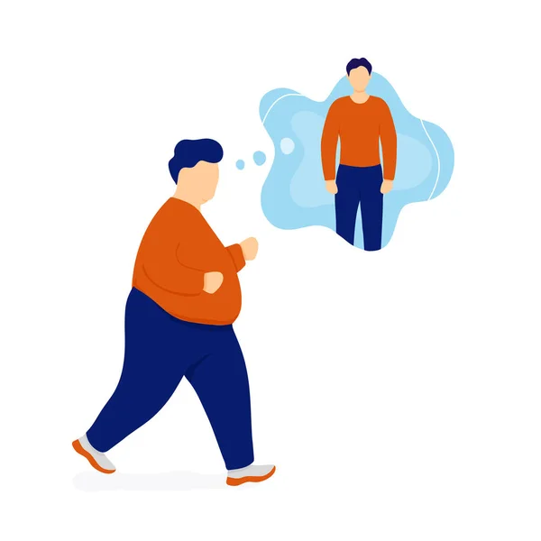 Fat man jogging and dreaming about weight loss