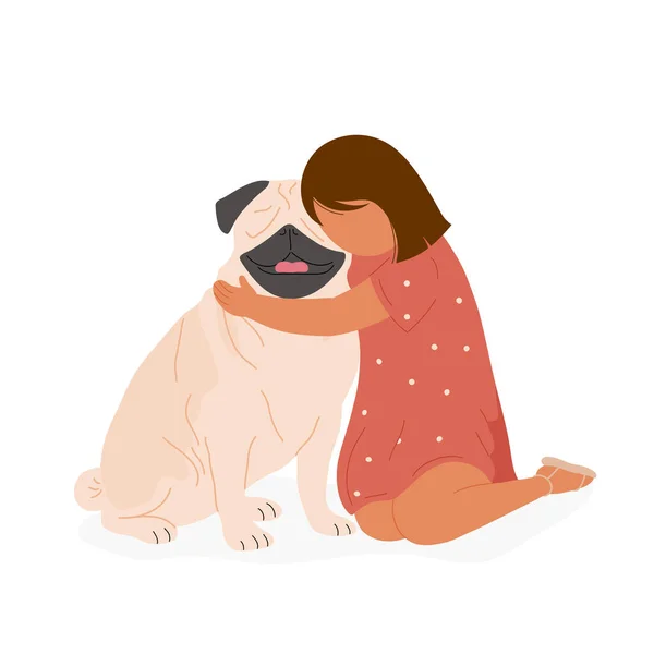 Klein schattig meisje knuffelen pug — Stockvector