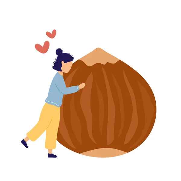 Menina abraçando enorme avelã com corações acima —  Vetores de Stock