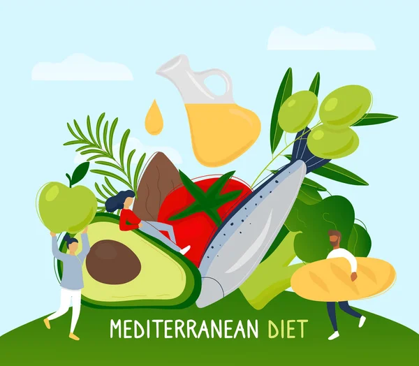 Μικροσκοπικοί άνθρωποι με μεσογειακά προϊόντα διατροφής — Διανυσματικό Αρχείο
