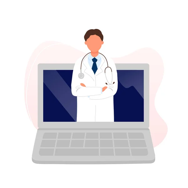 Médico com estetoscópio na tela do laptop —  Vetores de Stock