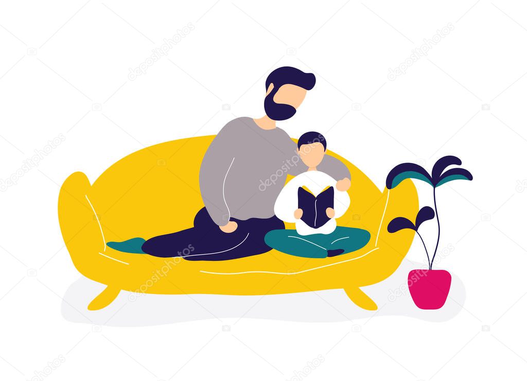 Father reading book with little son on sofa