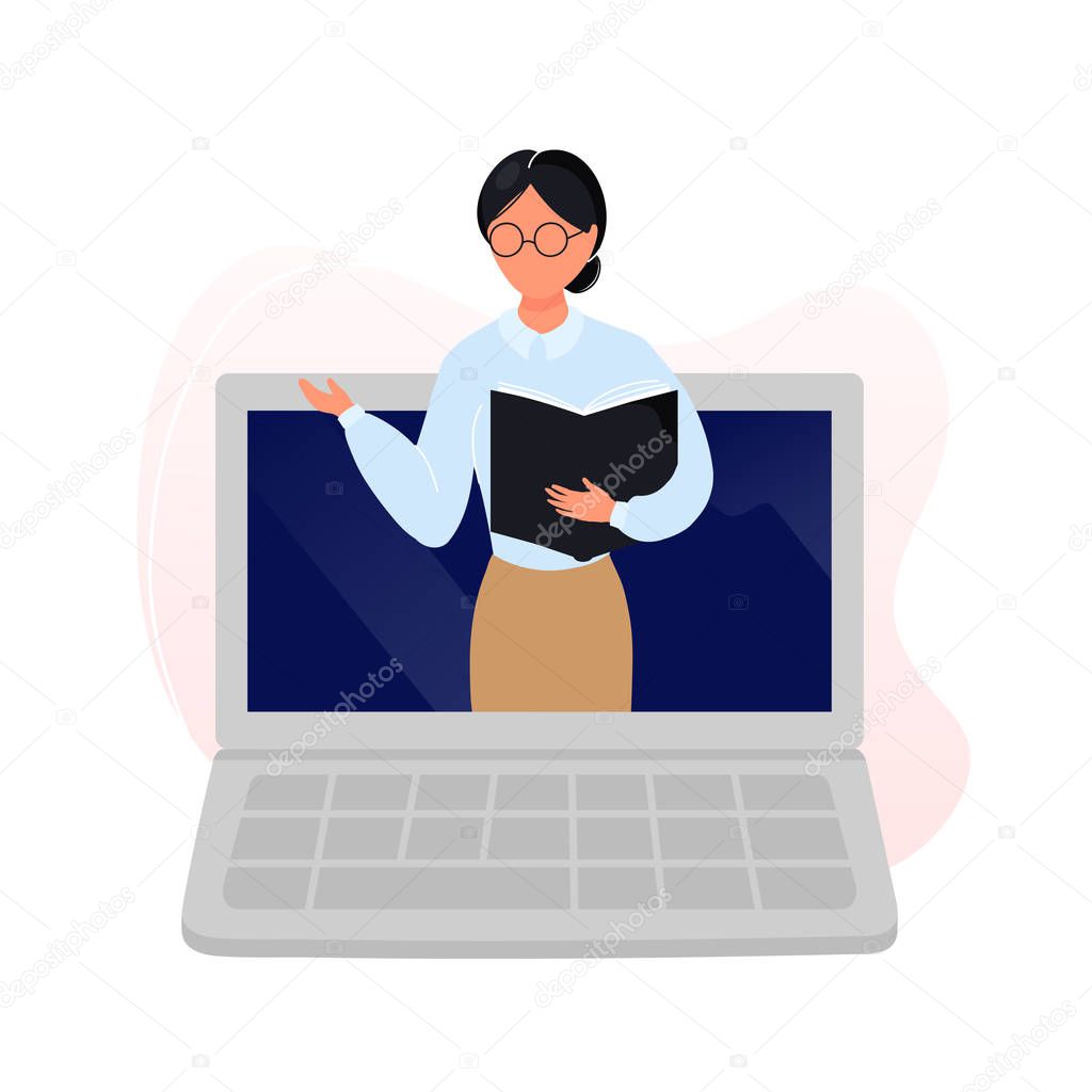 Teacher in glasses with book on laptop screen