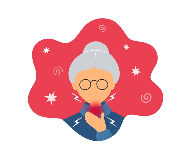Old woman with throat pain touching her neck