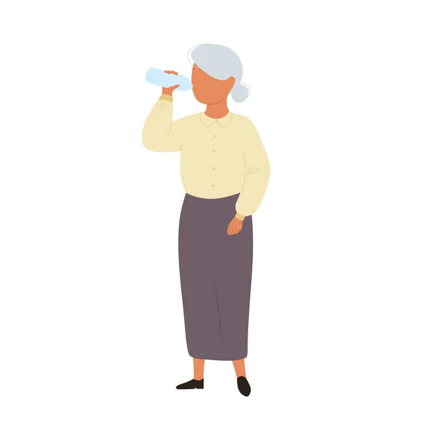 Old woman drinking water from bottle — Stock vektor