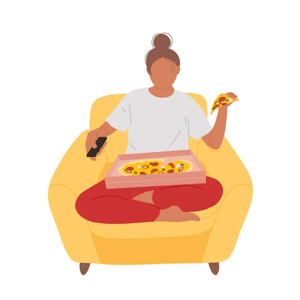 Kobieta w fotelu z pizzą na kolanach — Wektor stockowy