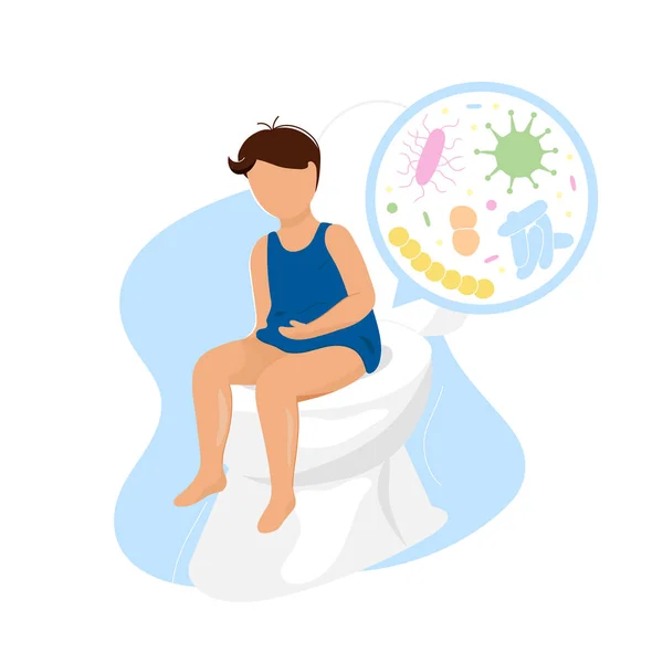 Boy sits on toilet bowl with microorganisms image — ストックベクタ