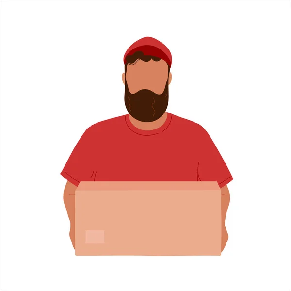 Entrega hombre en camiseta roja sosteniendo caja cerrada — Vector de stock