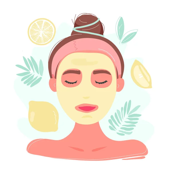 Woman with closed eyes in lemon facial mask — Stock vektor