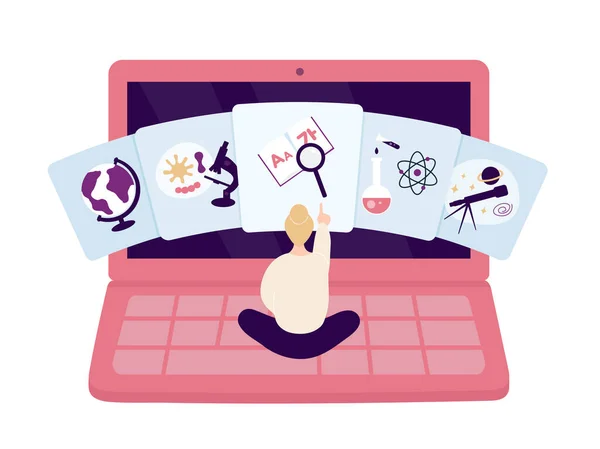 Girl sits on laptop keyboard and choose e-learning