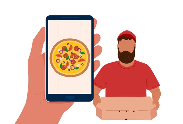 Hand holds phone and delivery man with pizza box — 图库矢量图片