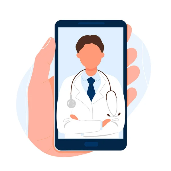 Hand holding phone with image of doctor on screen