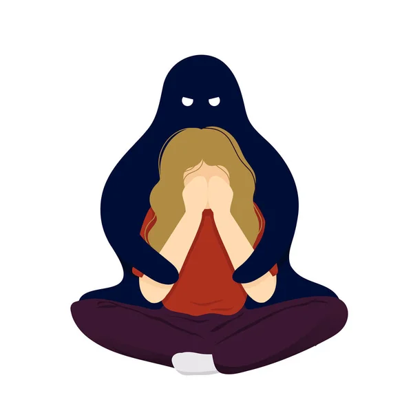 Depressed woman with angry monster hugging her