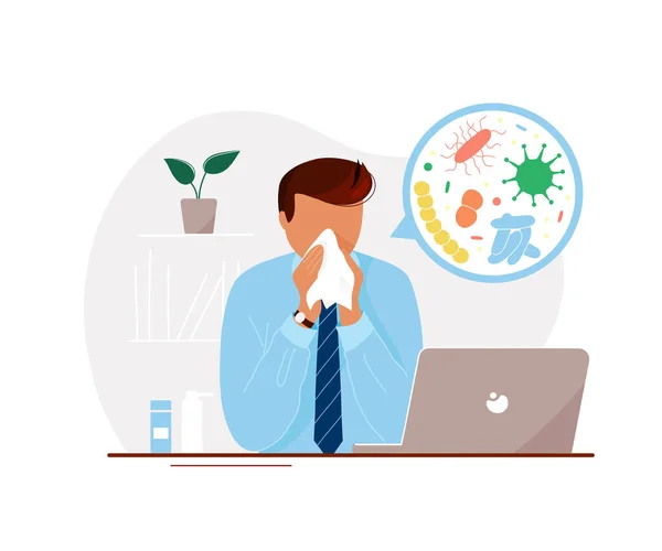 Nemocný muž v úřadu s mikroorganismy image — Stockový vektor