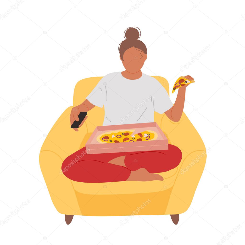 Woman  in armchair with pizza on lap
