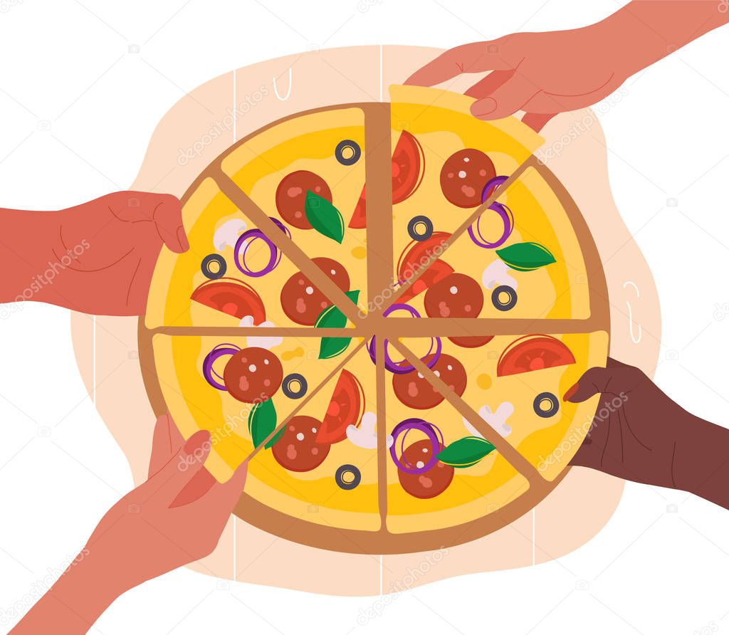 Diverse hands taking slices of pizza from board
