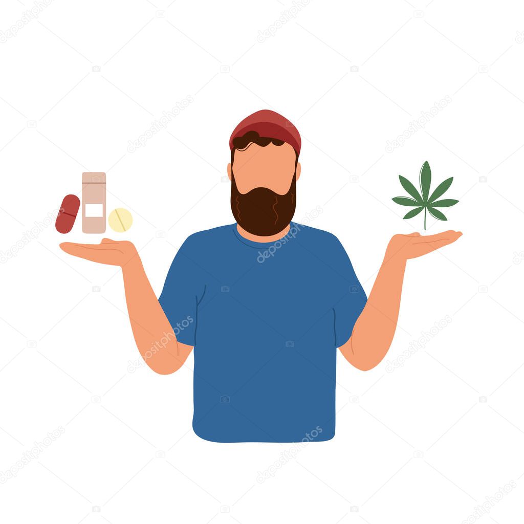 Man choosing painkillers or medical marijuana