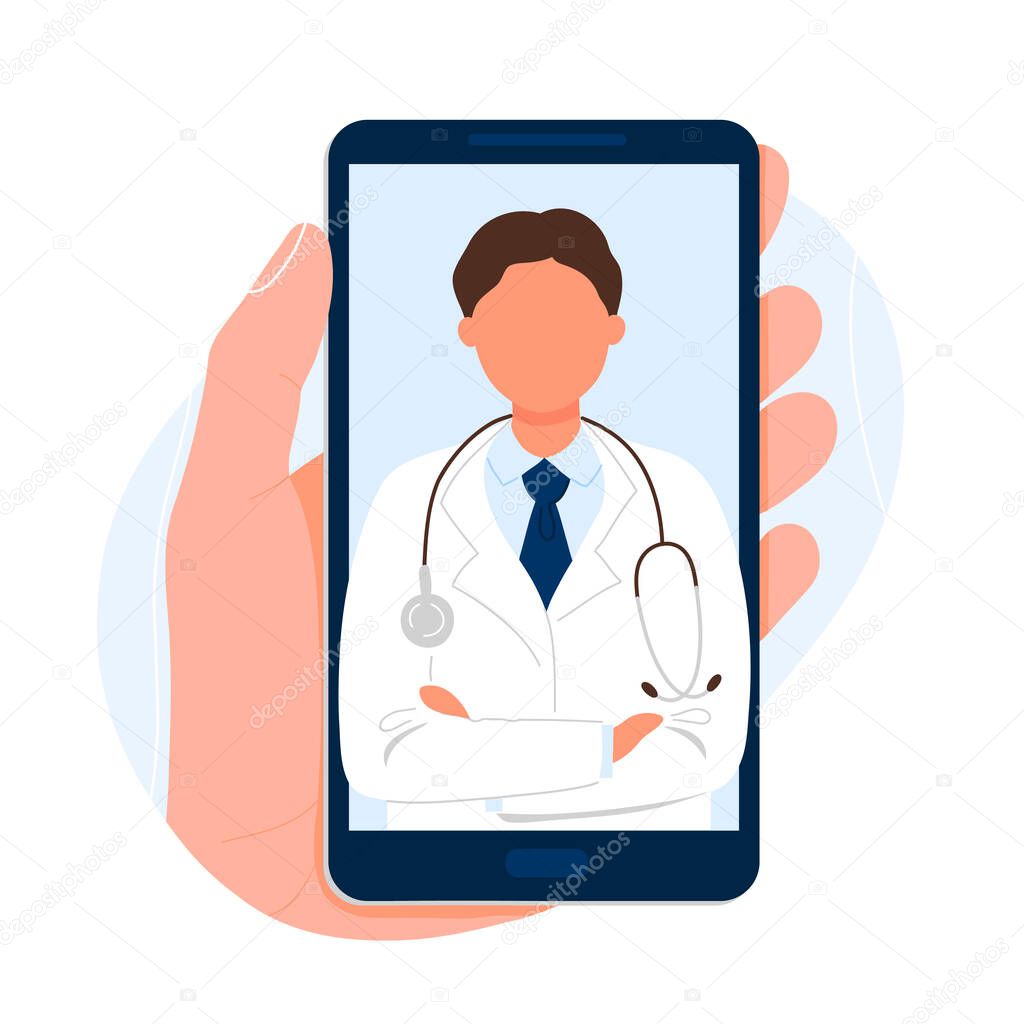 Hand holding phone with image of doctor on screen