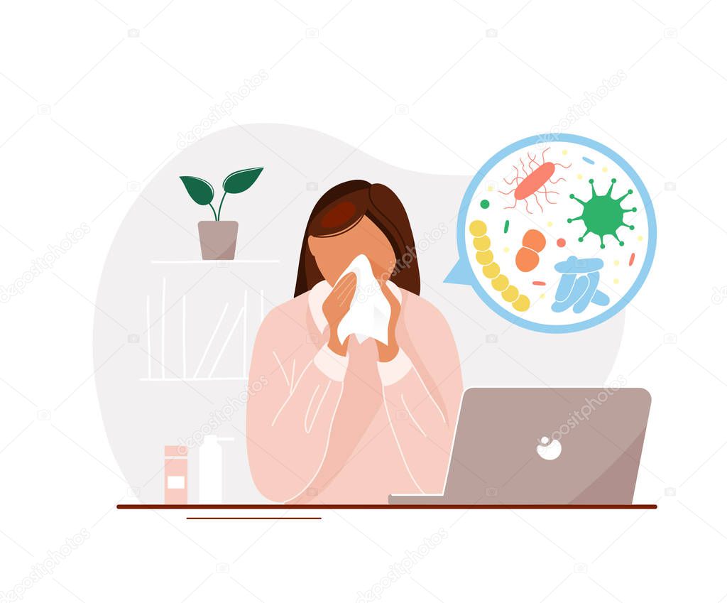 Sick woman in office with microorganisms image