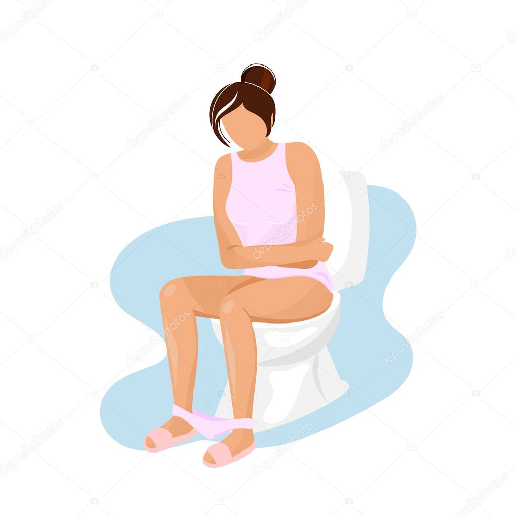 Woman with diarrhea sitting on toilet bowl