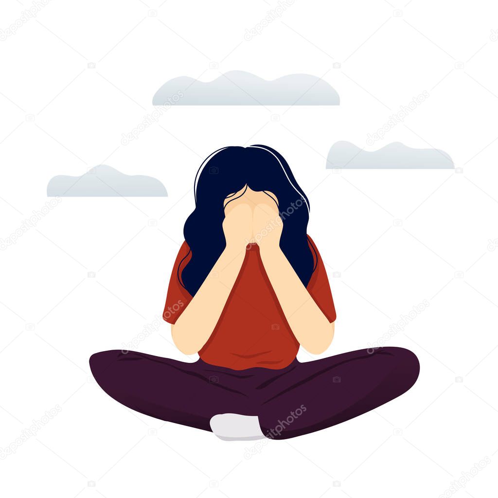 Depressed woman with gray clouds over head