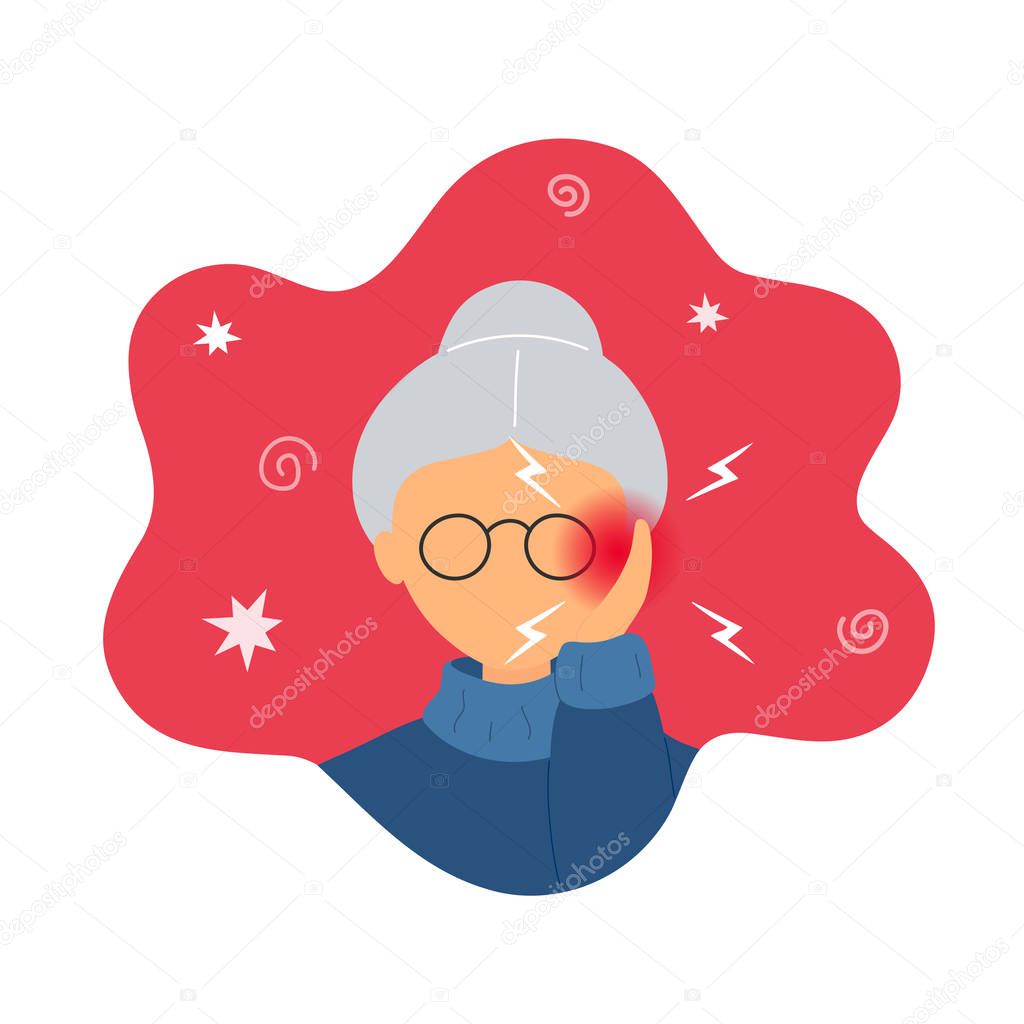 Old woman with earache touching her ear