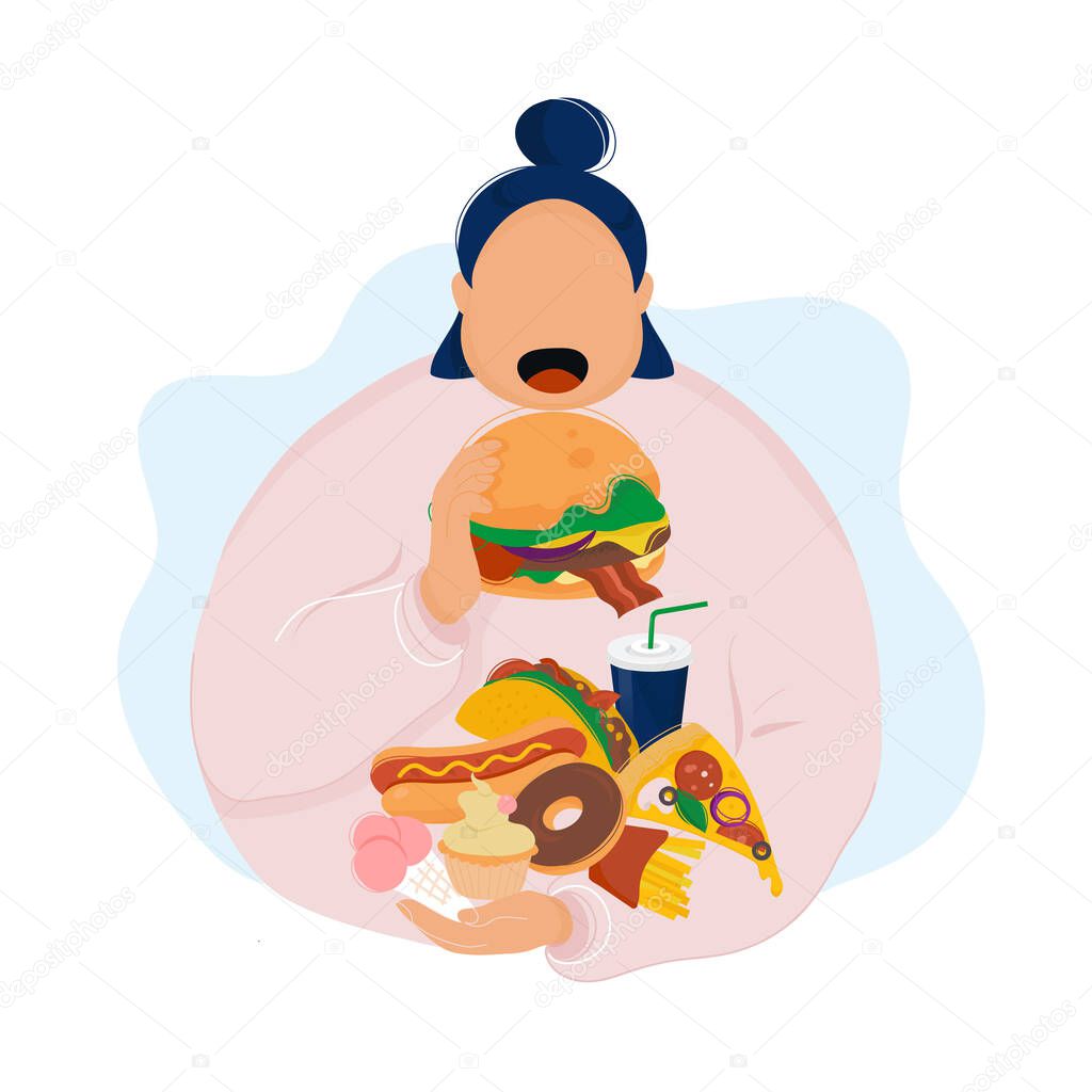 Fat woman eating burger and fast food