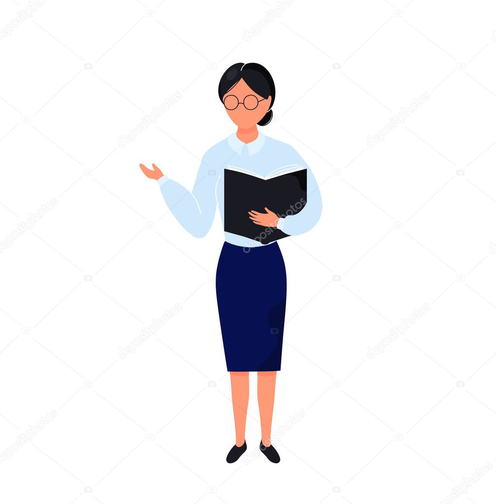Teacher in glasses standing with book in her hand