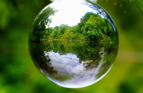 Der grüne Wald an einem See, eingefangen durch eine Kristalllinsenkugel — Stockfoto