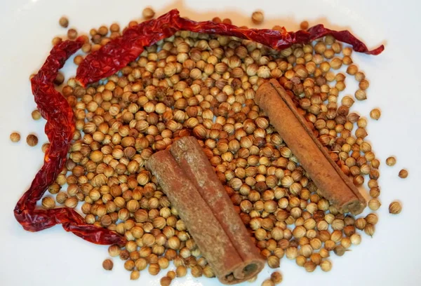 Coriander seeds, cinnamon sticks and dried chillies