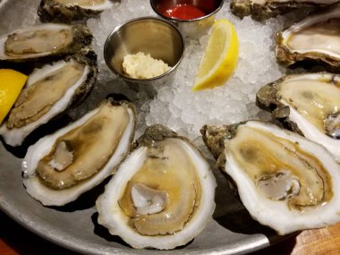 Buzlu taze ve çiğ istiridye tabağı.