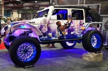 Philadelphia, Pennsylvania, U.S.A - February 9, 2020 - A white Jeep Wrangler decorated with a tribute for Kobe Bryant