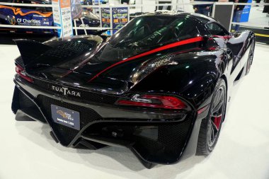 Philadelphia, Pennsylvania, U.S.A - February 9, 2020 - The rear view of the black color 2020 SSC Tuatara supercar